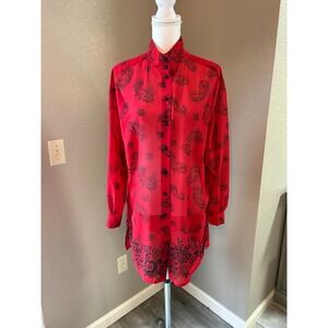 Lizsport Womens Red Paisley Floral High Neck Button Down Tunic Shirt Size Medium